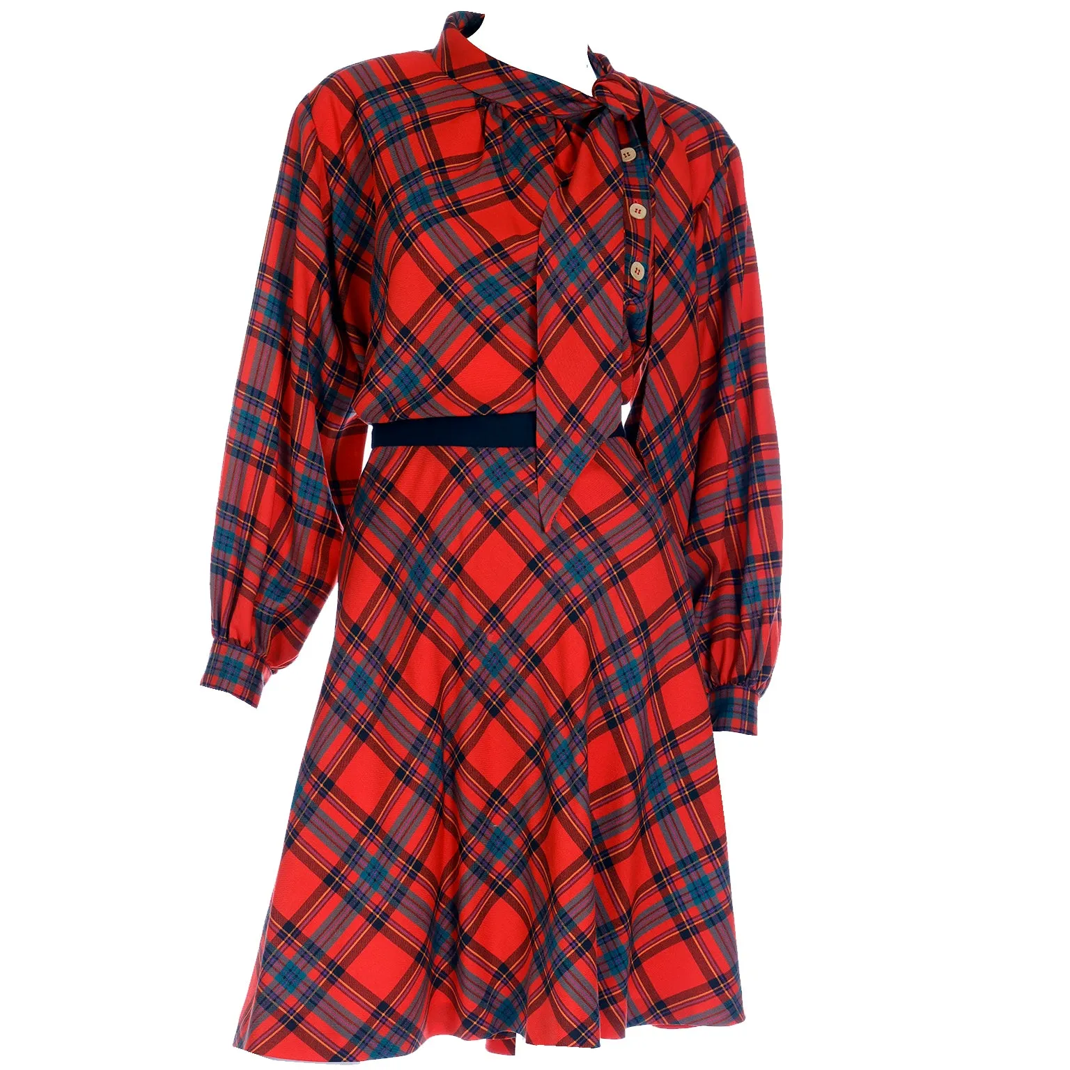 F/W 1987 Yves Saint Laurent Red Plaid 2pc Dress W Skirt & Tie Blouse