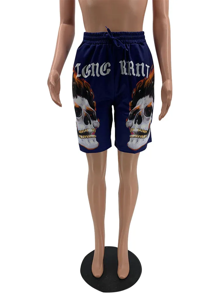 MB FASHION Skull Graphic Drawstring Shorts with Bold Text Print 6027R